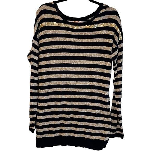 MUDD THIN SWEATER LONG SLEEVE STRIPED BLACK/GOLD SHIMMER SEQUIN COTTON BLEND - Picture 1 of 10